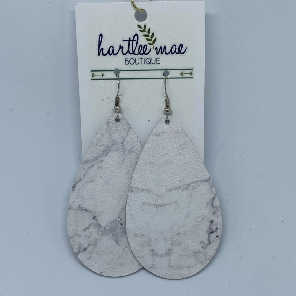 Genuine leather tear drop earrings - white marble